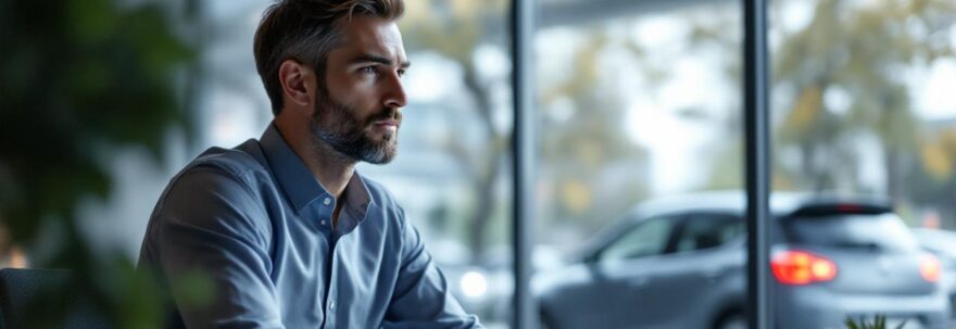 Un homme en tenue de bureau consulte des annonces de voitures sur un ordinateur, avec une voiture européenne en arrière-plan et une ambiance administrative.