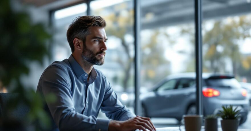 Un homme en tenue de bureau consulte des annonces de voitures sur un ordinateur, avec une voiture européenne en arrière-plan et une ambiance administrative.