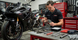 Mécanicien comparant soigneusement des pièces détachées compatibles à côté d’une moto partiellement démontée dans un atelier.