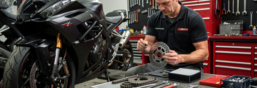 Mécanicien comparant soigneusement des pièces détachées compatibles à côté d’une moto partiellement démontée dans un atelier.