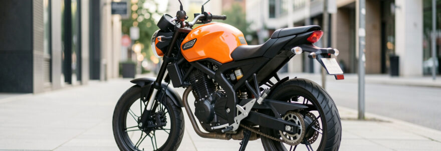 Petite moto roadster 125 cm³ orange et noire stationnée dans une rue moderne, adaptée aux trajets quotidiens d’un débutant.