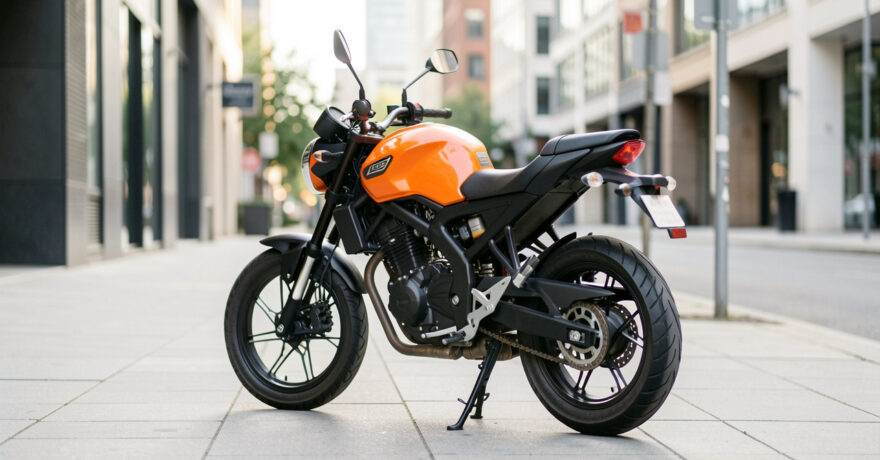 Petite moto roadster 125 cm³ orange et noire stationnée dans une rue moderne, adaptée aux trajets quotidiens d’un débutant.