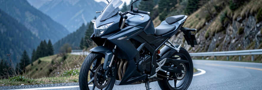 Moto sportive légère de 125 cm³ stationnée sur une route de montagne sinueuse, évoquant la vitesse et la responsabilité légale.