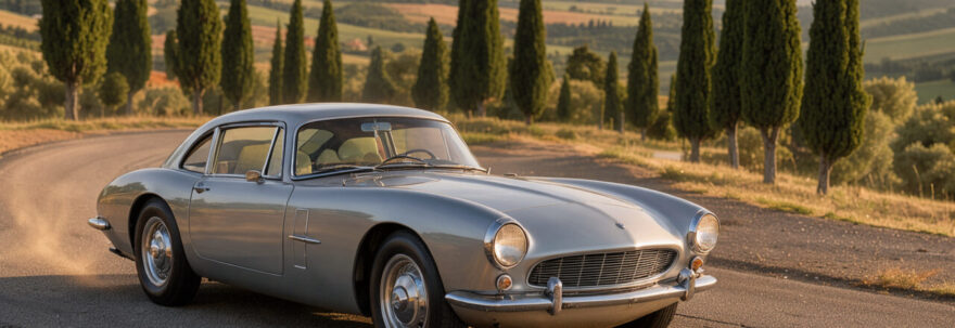 Lamborghini 350 GT des années 1960 roulant sur une route italienne sinueuse, vue de trois quarts avant, sous une lumière douce.