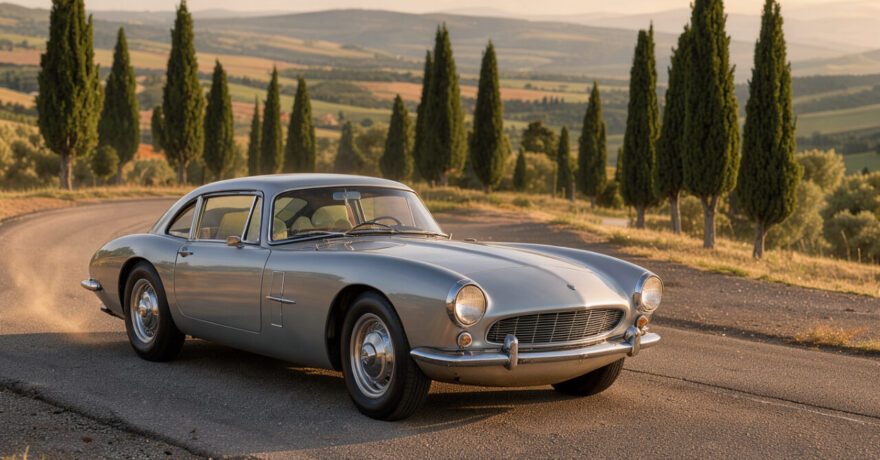 Lamborghini 350 GT des années 1960 roulant sur une route italienne sinueuse, vue de trois quarts avant, sous une lumière douce.