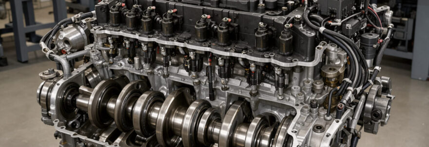Vue réaliste et détaillée d’un moteur automobile moderne et de ses composants électroniques, illustrant la régulation du régime moteur et les risques de contraintes mécaniques.