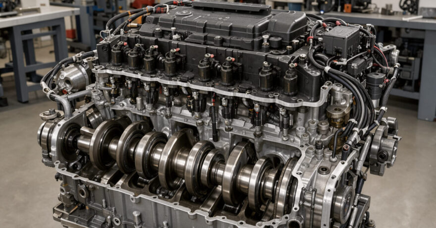 Vue réaliste et détaillée d’un moteur automobile moderne et de ses composants électroniques, illustrant la régulation du régime moteur et les risques de contraintes mécaniques.