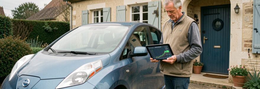 Une voiture électrique d’occasion est garée devant une maison française, tandis qu’un homme consulte sur une tablette une visualisation du rapport de santé de sa batterie.