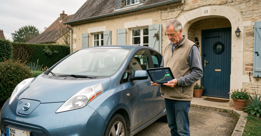 Une voiture électrique d’occasion est garée devant une maison française, tandis qu’un homme consulte sur une tablette une visualisation du rapport de santé de sa batterie.
